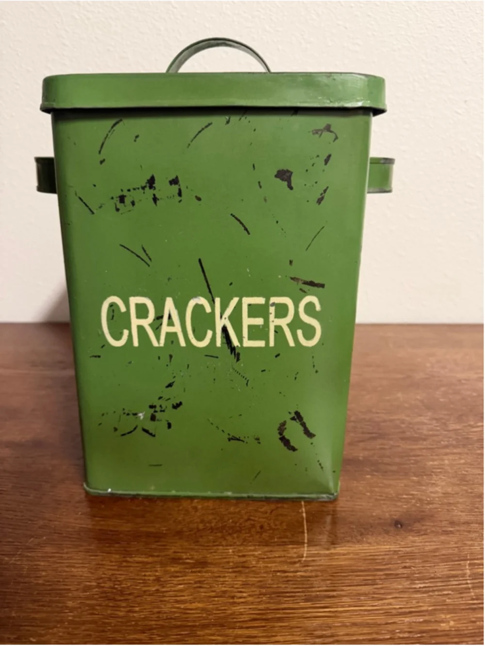 Rustic Metal Crackers Tin Canister w/ Lid Green Farmhouse Kitchen Storage Two’s